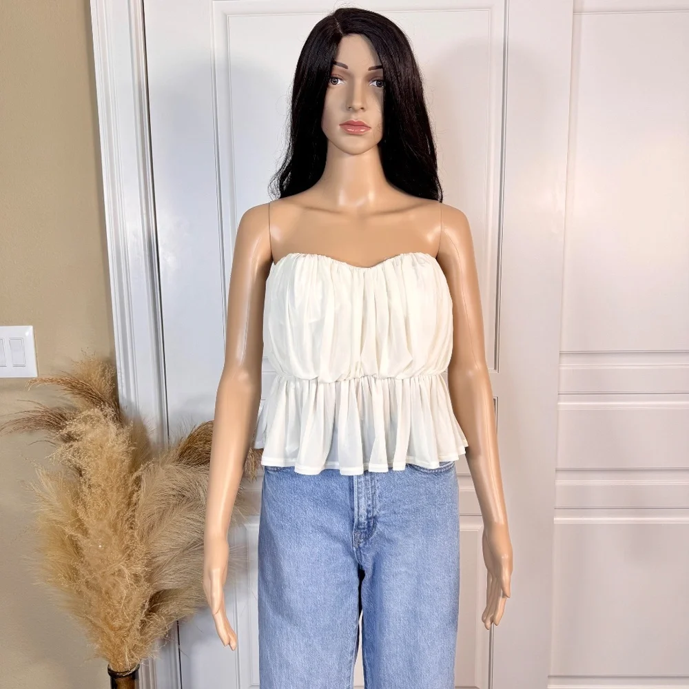 EXPRESS RUCHED STRAPLESS IVORY PEPLUM TUBE TOP - Picture 3 of 13